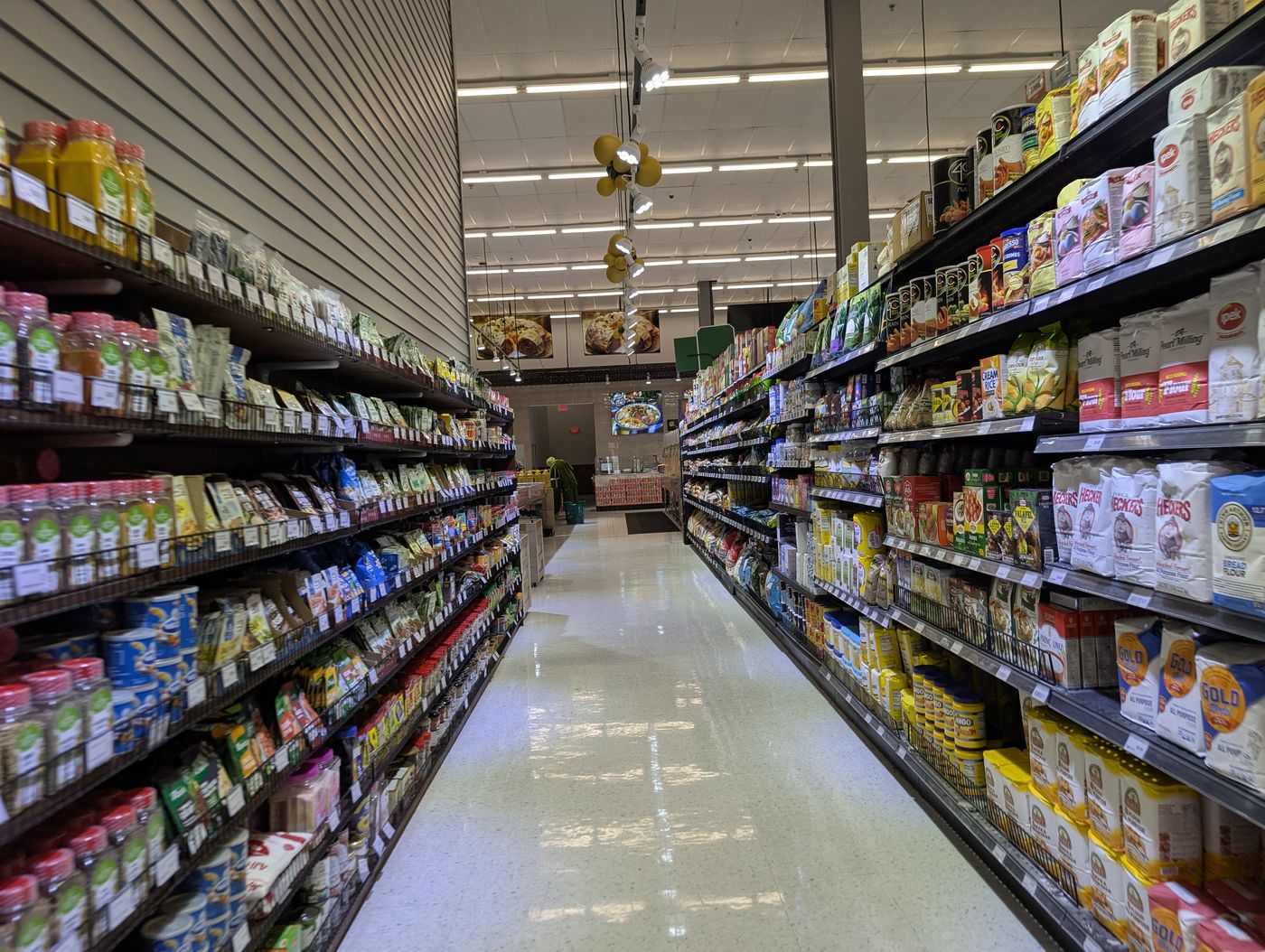 Produce department with apple baskets
